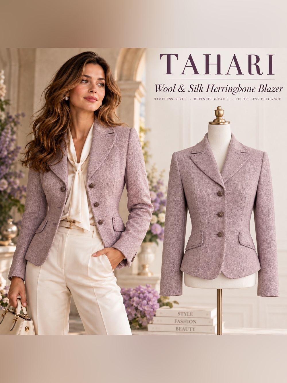 Tahari Wool Silk Herringbone Blazer Women 4 Lavender Lilac Beaded Jacket